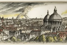 deseneaza cu penita si tus colorat cu acuarela , un sketch in stil minimal art , hasurat cu linii scurte de hasuri oblice scurte , cu mare acuratete si contrast , stil gravura pe metal reprezentand marele incendiu din roma antica , in stilul miniaturilor persane