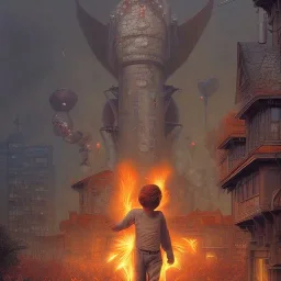 Giant Babies breathing fire on a city, Done in the style of underground comic book, Norman Rockwell