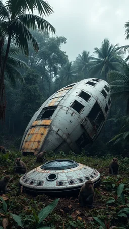 An abandoned damaged UFO spacecraft crashed in the Amazon rainforest , surrounded by monkeys ,