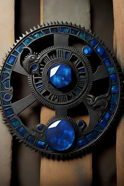 runic engraved cog wheel, encircled by a wingless dragon, material azurite crystal