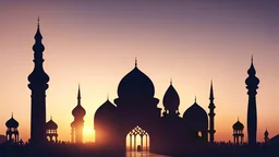Render a silhouette of a mosque against a sunset backdrop, evoking a peaceful and sacred atmosphere for Ramadan prayers and reflections.