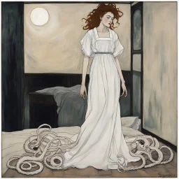 [poster of a Nurse in nightgown tentacles around her waist by Egon Schiele] The White Nurse enters in the dimly lit bedroom, shadows danced ominously across the walls The room is filled with terror as the monstrous presences beneath your bed stirred and twisted, its eerie limbs and tentacles creeping out into the moonlit room. Just as fear threatened to consume you, a soft, soothing voice cut through the darkness.