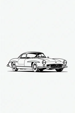 minimalist line art, mercedes, vintage, against stark white background, thick ink outlines, 3D view, no shading, black and white, full size, sports car, passenger side