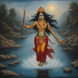 An oil painting of godess Kali crossing a lake