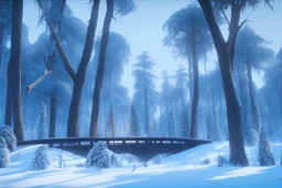 Forest ice palms twigs winter, bridge birds, house, bear, deer, unreal engine