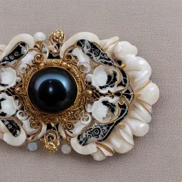 rose ivory brooch with black pearl inlay, opalescent marble carving, decorative design, classical ornament, highly ornate, highly intricate, highly detailed etching, marble carving, warm lighting, linen backdrop