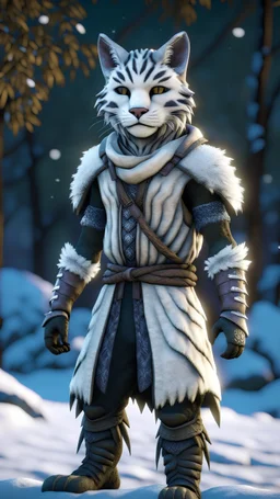 full body incredibly shadow magnificent, true shadow rogue male tabaxi, D&D realistic illustration art character whit snow panther head style , sharp lense, professional photographie, 30mm lense, detail love, good quality, unreal engine 5, wallpaper, colerful, highly detailed, 8k, soft light, photo realistic,feline eyes