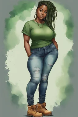 Create a watercolor image of a curvy black female wearing tight cut up jeans and a green tshirt with timberland boots. Prominent make up with hazel eyes. Highly detail dread locs