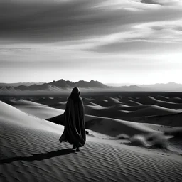 desert landscape cloaked figure black and white