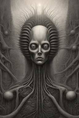 A field of thousands hands , a thin line draw ،front view camera, surreal horror, biomechanical design, by hr giger and beksinski , Busch painting style