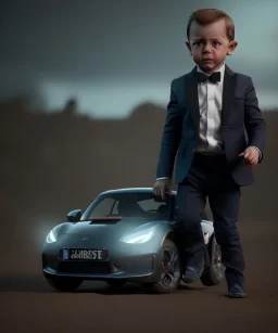 James bond toddler, full body, car, dramatic lighting, hyper realistic