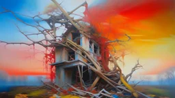 Oil painting of a surrealist landscape featuring a deconstructed building, with elements of the structure seemingly floating or displaced, intertwined with branches bearing small yellow leaves, set against a sky with soft, gradient hues of blue, pink, and orange. The building, rendered in shades of orange and red, appears to be in a state of disintegration, with sections of walls, windows, and roofs detached and suspended in mid-air. The branches with yellow leaves grow out of and around the bui
