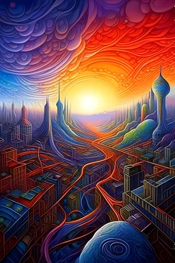 a painting of a futuristic city in the sky, a detailed painting, psychedelic art, organic ceramic fractal forms, spiral clouds, fractal algorightmic art, painting by android jones, deepdream, worms intricated, space fractal gradient, amazing colours, surrealist art, 3 d fractals