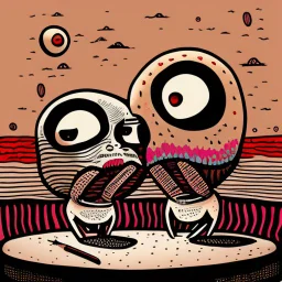 Two cartoonist drawn worms in love, staring at each other, absurdist, retrofuturism, pop art, romantic, gonzo drawing style, beszerk, strange, dune art style