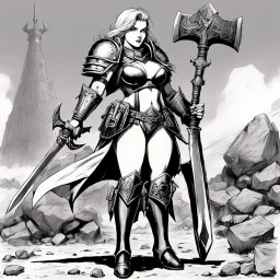 illustration by underground comix artist, Brion Gysin of: some extra heretical 40K, a genderbent version of Big Emmanuelle himself on the battlefield in undies, with her giant war axe. Or is it herself here, I guess? regular, slightly fetishistic 40K style of depicting females with boobplates and all and still have the figure of the Big Emmanuelle exude an air of serious authority.