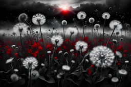 photo from Sunrise with Dandelions, ,amazing depth, high textures, surreal, weird, white-black colors, lying body betwen dandelions, , , red blood, splash art, intricately detailed, sharp focus, stunning, weird dark mood