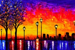 City, sunset, trees, retrowave influence, impressionism painting