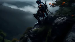 A photograph of a samurai in Tron-style armor on a mountainside cliff. The atmosphere is rainy.