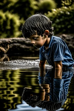 Boy looking at reflection in water