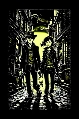 Design a detective book cover for teenagers. Three teenage detectives and black cat in the centre, one boy on her left, the girl in the centre and one on her right are on the town street. Banksy style, modern comic book style, mysterious atmosphere,