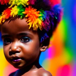 full body shot, masterpiece, best quality, child, fist, dark skinned, sparkling eyes, fluorescent skin, colorful makeup, afro, highly detailed body, sun light, 4K, RAW, depth of field, high contrast, realistic details, 24mm