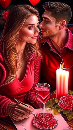 Valentines day date night, art, drawing, very realistic, detailed, vibrant colors.