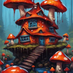 A weird mushroom house with drippy spots and eyeballs on a floating island. black blue red orange. Detailed gloss Painting, rich color, fantastical, intricate detail, splash screen, hyperdetailed, insane depth, concept art, 8k resolution, trendi