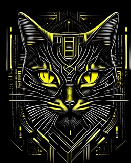 Cat logo cyberpunk cimetrico, lineal arte, intrincado, incredible work of art, black and White, fondo negro, yellow eyes, maximalist