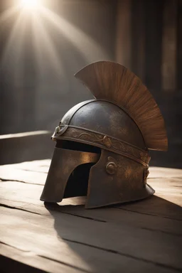 The Roman centurion's helmet lies on an old cracked wooden table. Next to it on the table is a cross on a string and a scroll of parchment. A ray of sunlight reflects off the helmet. All around is the entourage of ancient Rome. High quality image in 8K