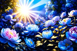 blue, gold light effects colors, a magic garden with peonies, clear sunny light, highly detailed, luminous rays of the sun, peonies flowers, high contrast, 8k, high definition, realistic, concept art, sharp focus