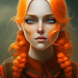 fantasy setting, woman, orange and white hair, wavy hair, freckles, ranger, more orange hair