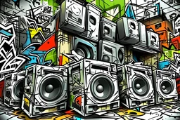 sound equipment in the extreme sides, graffiti style, central perspective