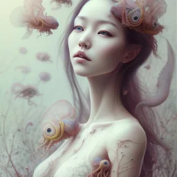 Realistic body, Asian woman, leaning pose, full body, intricate detail , watercolor illustration by <agnes cecile> nest, octopus, fly, squid,everywhere, plants, wildflower, doll, blood, scythe, dolly,