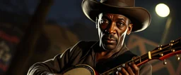 good night alien hill billy boss with a banjo In the style of Rembrandt,Background blur. Movie poster. Wild look. and Wesley Snipes