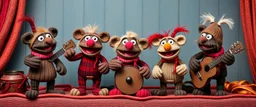 masterfully knitted Gnoll muppet puppet band