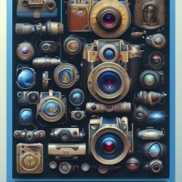 components of the camera laid out flat. poster design. high detailed. oil on canvas.