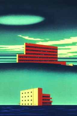 A psychedelic hallucination of a brutalist building in the stormy ocean, by kawase hasui, moebius, edward hopper, colorful flat surreal design, dramatic lighting, hd, 8 k, artstation