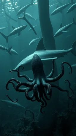Giant gray sharks in the background of black vein, human veins, mixing together a lot of them, like a forest, big and small veins a lot of them, a black creature looks like an octopus with many arms