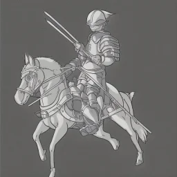 pencil sketch from side, little knight on the horse in armor with lancet charging, clip art