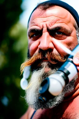 close up photography, dirty burly chubby Italian strong 48 years old homeless man, spitting milk from open mouth, dripping on the beard, with dirty tank top, emotional eyes, manly chest, photo, Canon EOS, lens 35mm, natural lights, 8K, in the morning