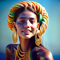 hyper realistic photograph, portrait of a beautiful happy southamerican woman, big silver earings, tied hair, summer :: film grain, Kodak portra 800, f1.8, golden hour --ar 2:3 --beta --upbeta