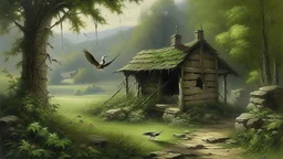 Inert stone and sturdy wood form the foundation of your creation. The pendulum's movements and the graceful flight of swallows shape your work. This exquisite painting depicts a tranquil countryside scene. The lush greenery contrasts beautifully with the stolid stone structures and the rich, aged wood of a noble stable. The image exudes a sense of timelessness and serene beauty, inviting viewers to get lost in its detailed craftsmanship.