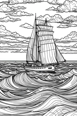 A sailboat sailing on an open ocean, with nothing but water stretching to the horizon, embodies the freedom of adventure and exploration., coloring book page, simple and clean line art, adult drawing book, black and white, crisp black lines, no shades, sharp lines, coloring book for adults, cartoon style, landscape