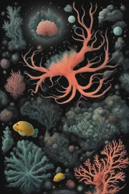 diseased Flora, fauna, and coral at the End of the Multiverse rising from a black liquid surface.