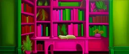 A magenta library with magic books painted by Henri Rousseau