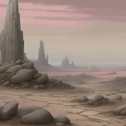 A grayish pink magical wasteland with rune rocks painted by Caspar David Friedrich