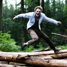 Timothy Carey as a zombie, jumping on a log