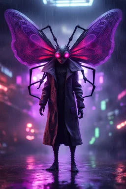 Volumetric fog gremlin spider butterfly satyr lights,paradise sacred geometry framed playing card, black, red, spore and purple neon fire cyber punk dancer thief in soaked rain coat shadows boss card in the style of giger and fallout 4 ,,bokeh like f/0.8, tilt-shift lens 8k, high detail, smooth render, down-light, unreal engine