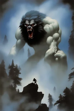 "Double Exposure" paul stanley full color oil painting art by Alex Ross, fog and clouds rising in the foreground. A giant werewolf roaming the woods at night, oil painting art by frank frazetta