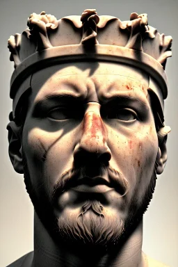 Ultra Realistic image, classical renaissance sculpture, white marble material, Lionel Messi, emperor style, gold Laurel leaves crown, miguel angel style, chisel style, emperor, waist up portrait, epic, celestial, cinematic lighting, God light, god rays, 4k resolution, smooth details, ornate details, soft lighting, unreal engine 5, sky background.